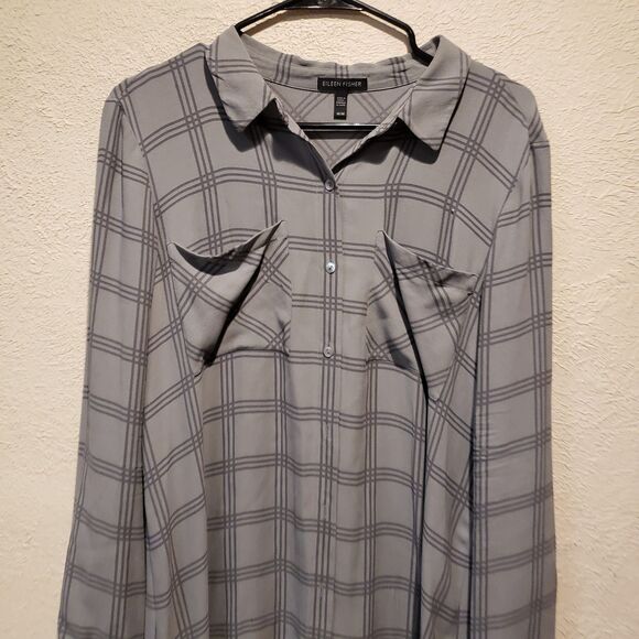 Eileen Fisher Plaid Silk Georgette Crepe ASH Shirt Dress Tunic size Medium - Picture 4 of 12